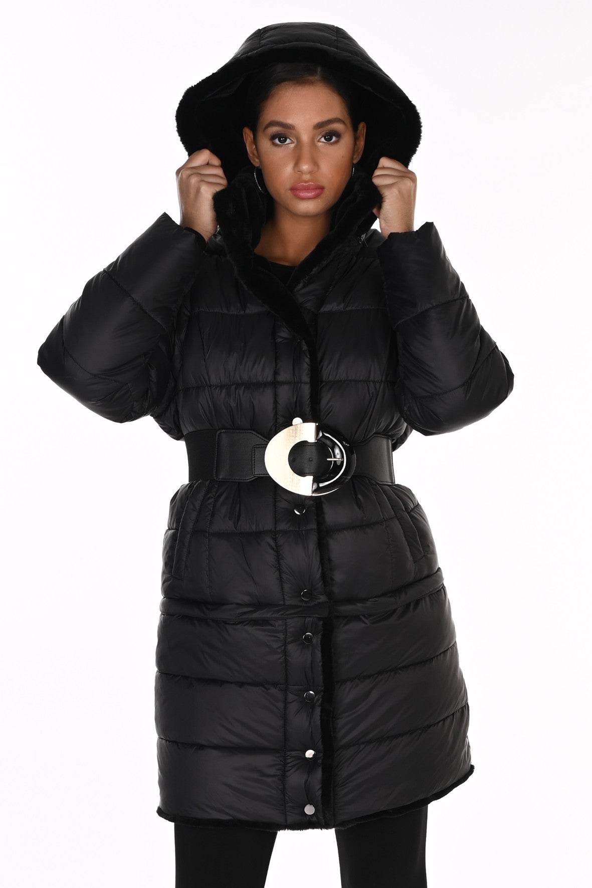 FL263805 Reversable Fur Lined Puffer Coat / Zip Off  Jacket