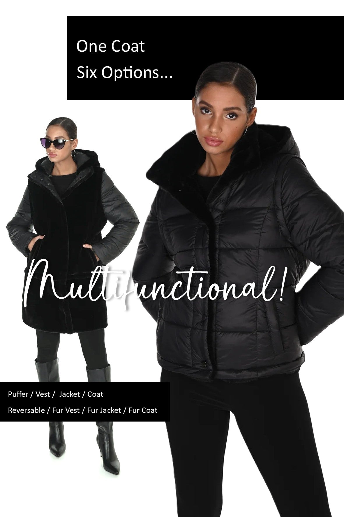 FL263805 Reversable Fur Lined Zip Puffer Coat / Jacket / Vest