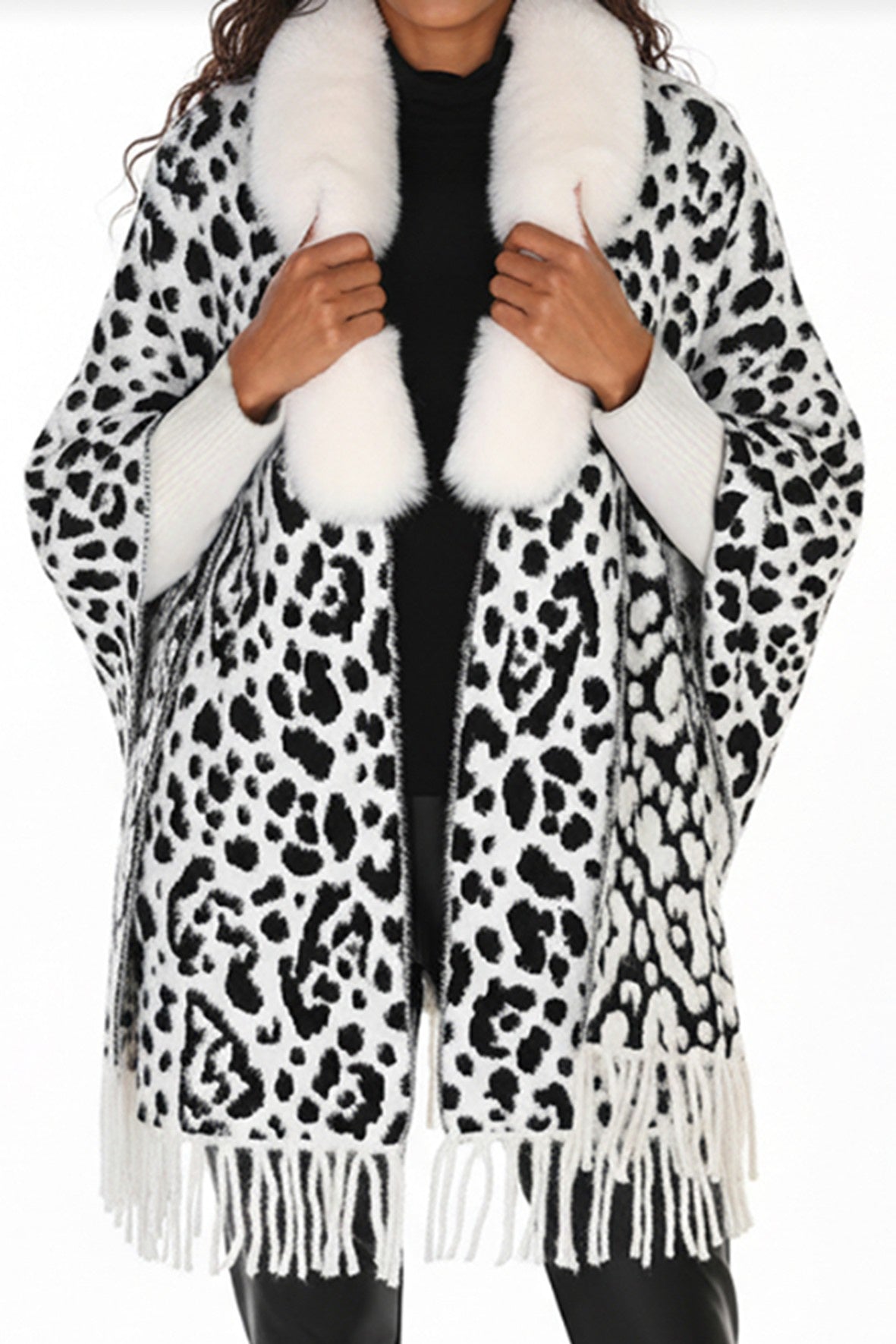 FL263806 Fur Collar Feather Knit Leopard Cape