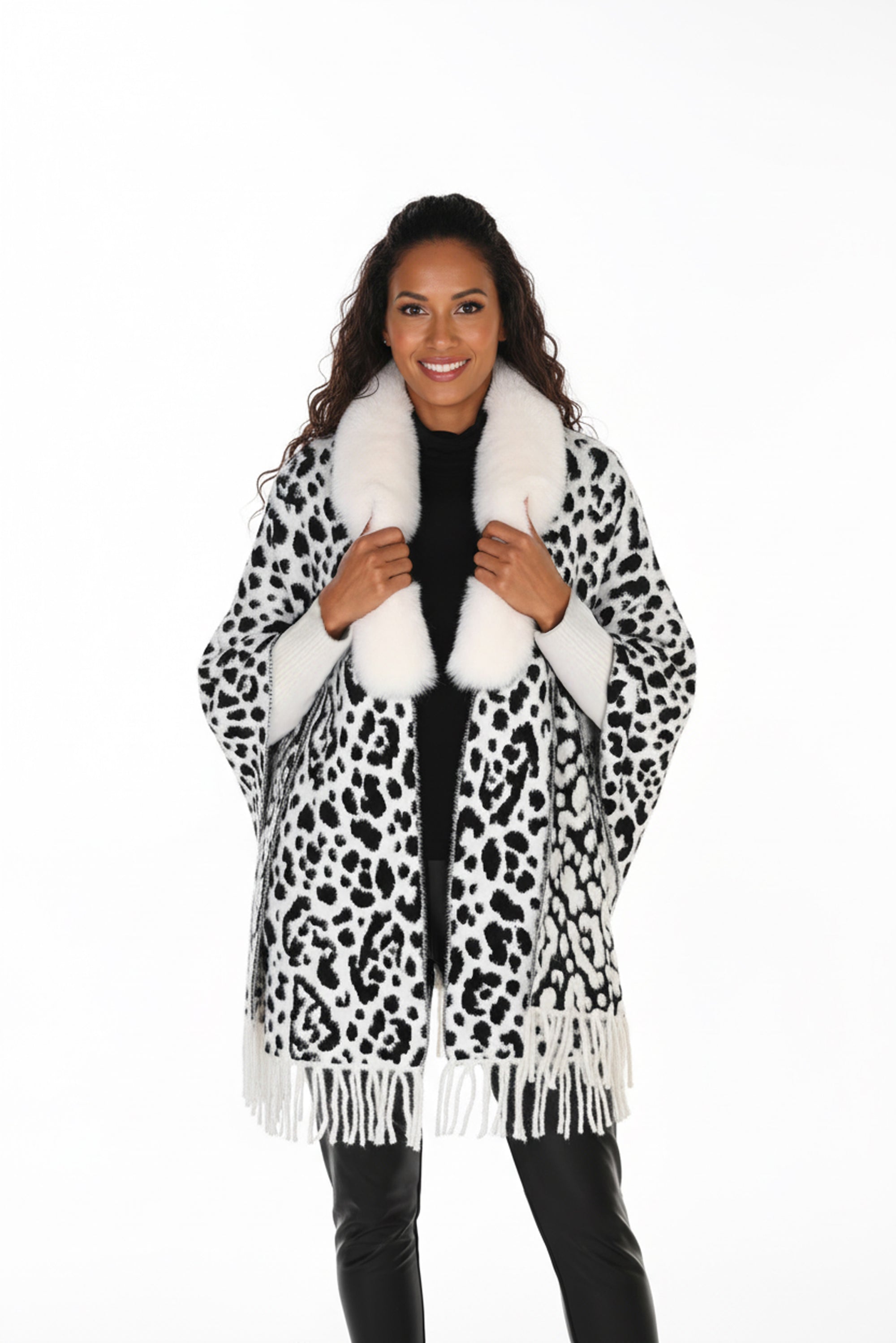 FL263806 Fur Collar Feather Knit Leopard Cape