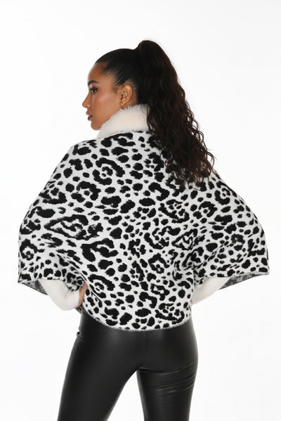 FL263806 Fur Collar Feather Knit Leopard Cape