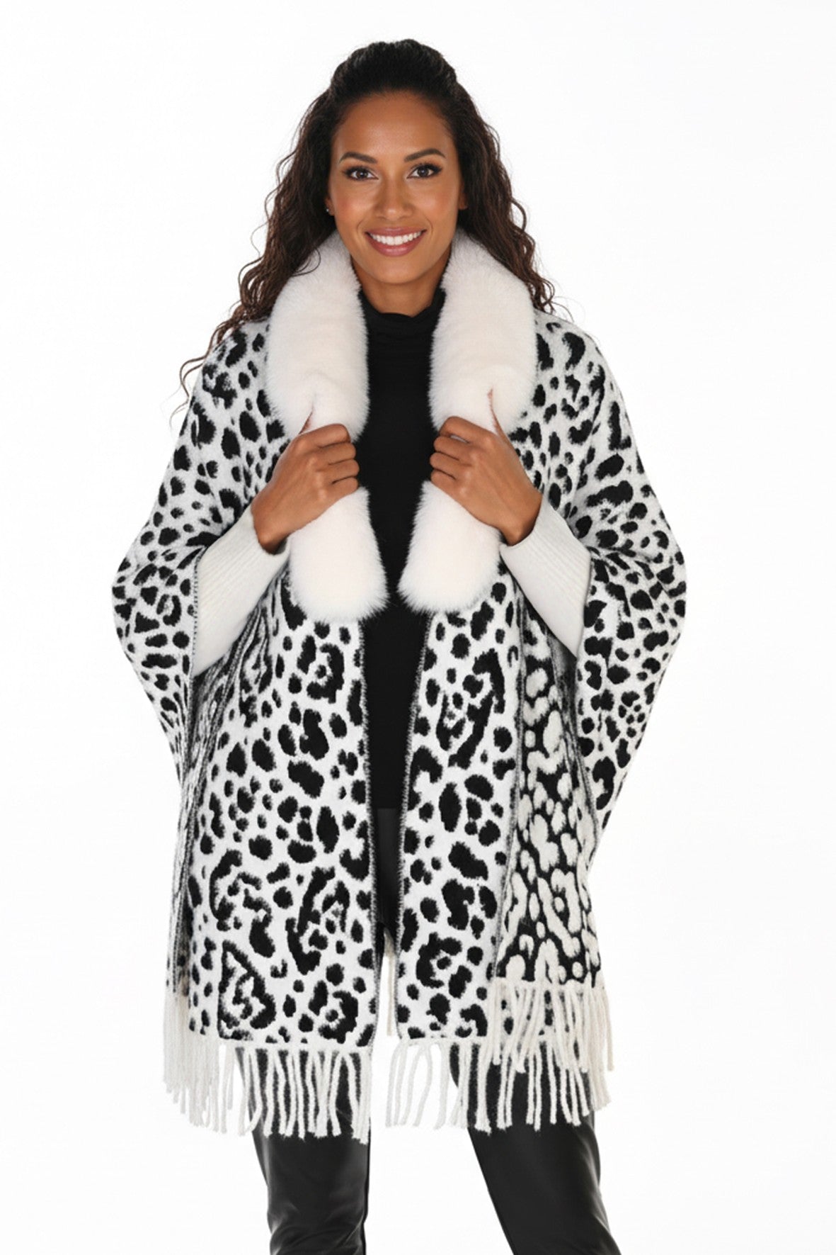FL263806 Fur Collar Feather Knit Leopard Cape