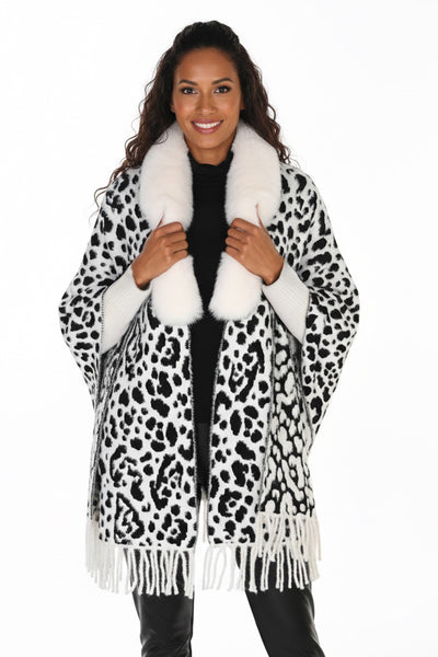 FL263806 Fur Collar Feather Knit Leopard Cape