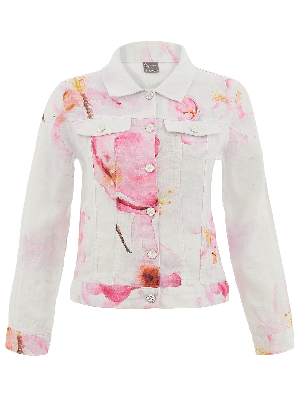DC26687 Watercolor Print Linen Paneled Denim Style Jacket