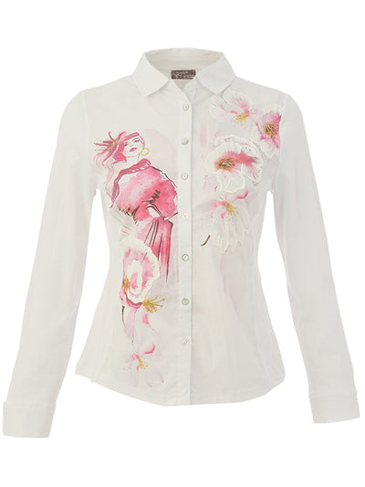DC26688 Watercolor Print Stretch Cotton Shaped Shirt