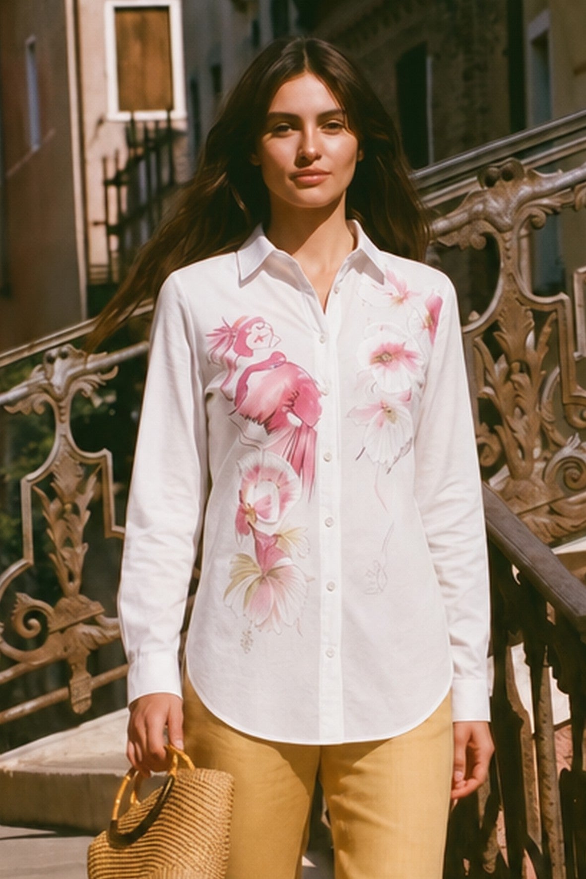 DC26688 Watercolor Print Stretch Cotton Shaped Shirt