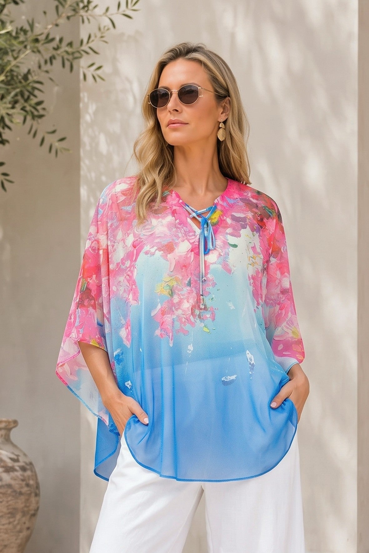 DC26800 Santorini Print Stretch Mesh Swimsuit Coverup