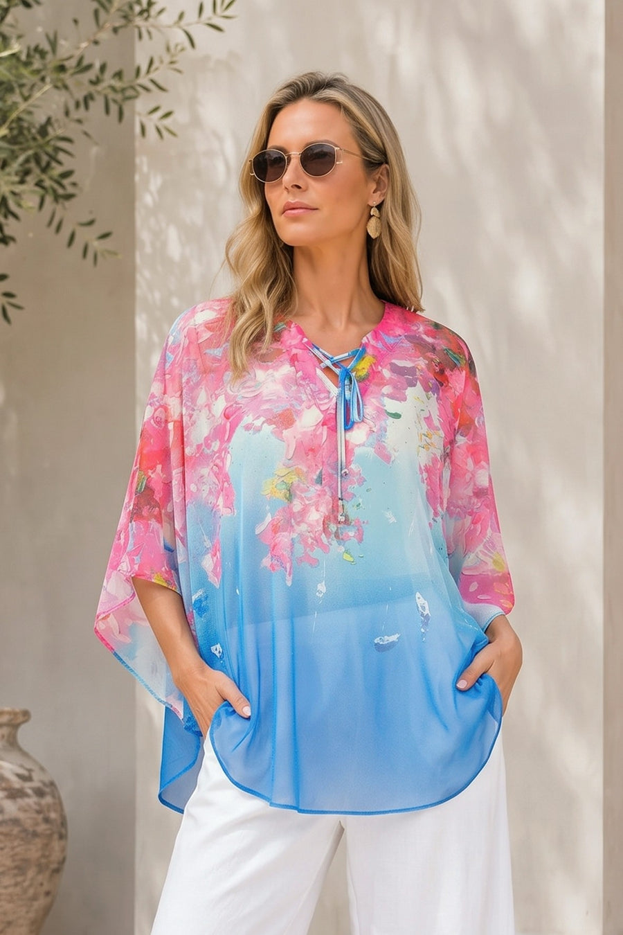 DC26800 Santorini Print Stretch Mesh Swimsuit Coverup