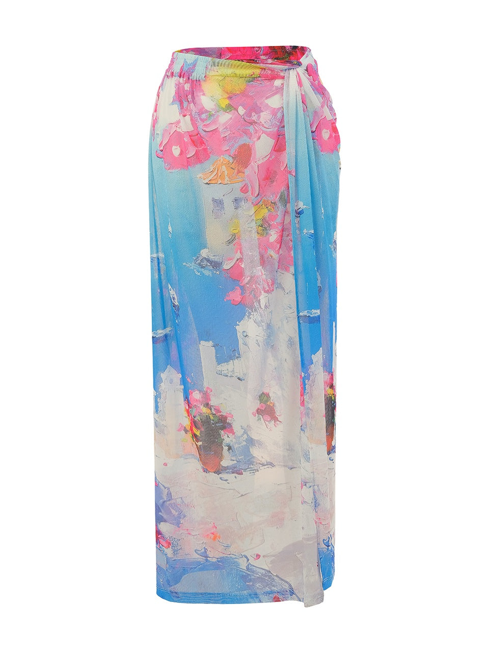 DC26801 Santorini Print Stretch Mesh Sarong Coverup