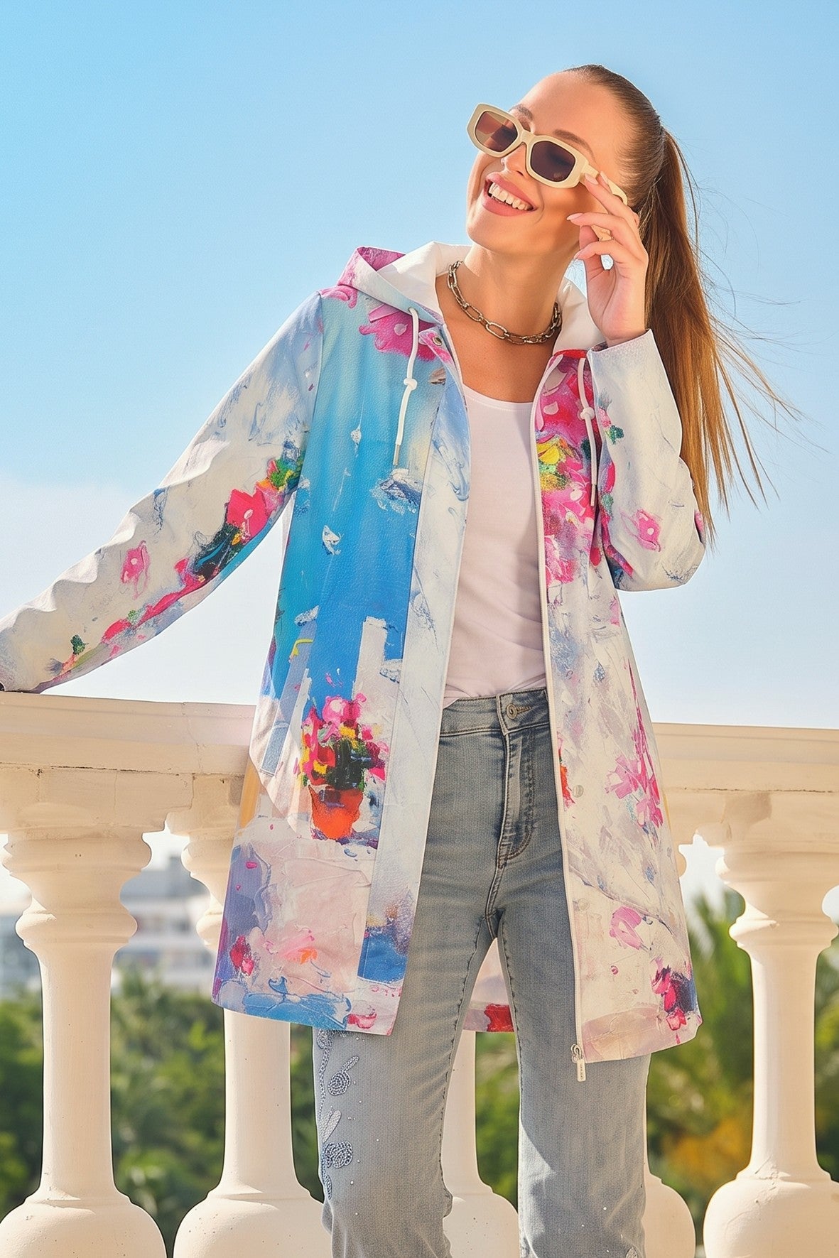 DC26870 Santorini Summer Print Wind & Rain Proof Hooded Parker