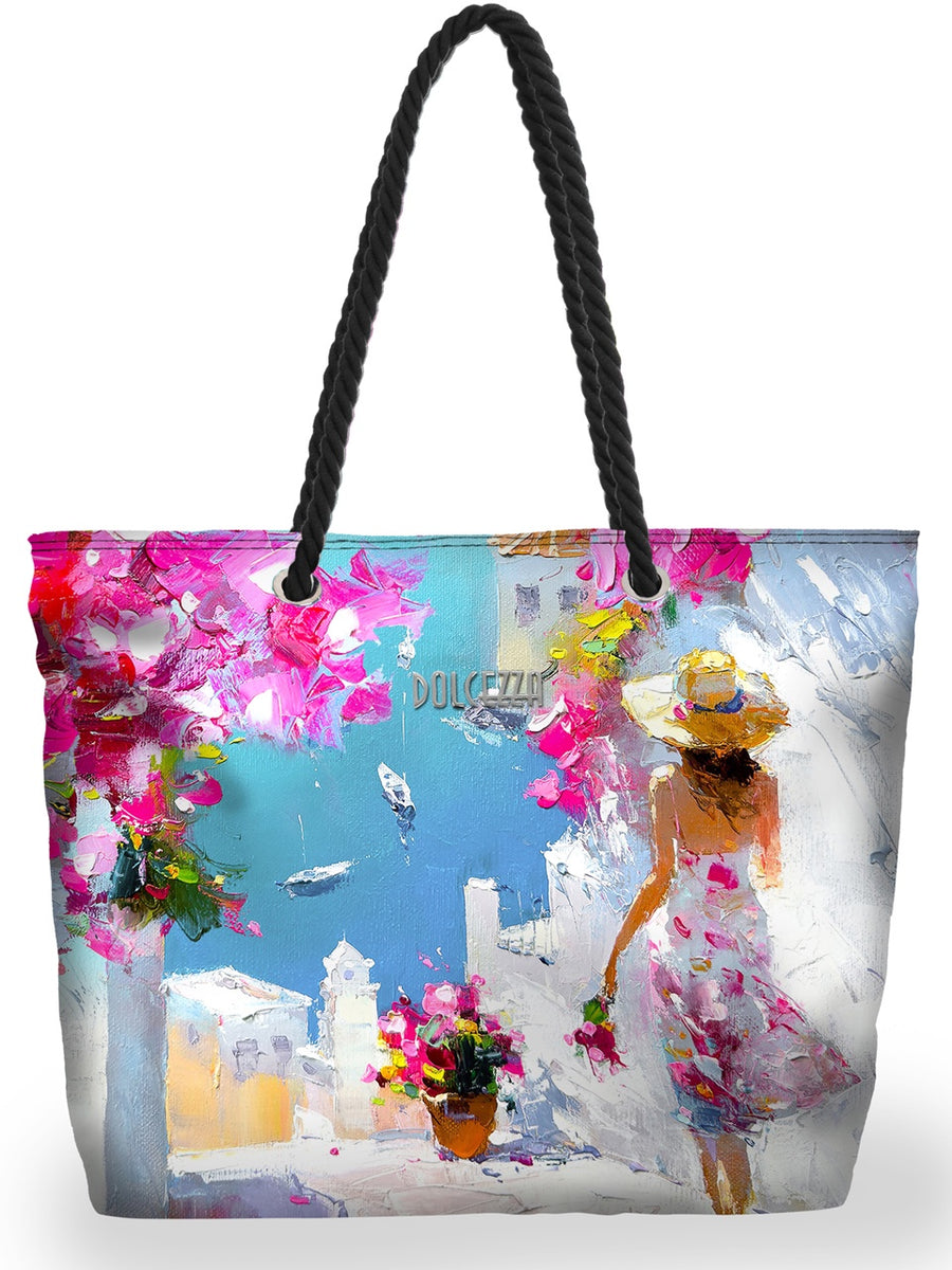 DC26951  Summer in Santorini Print Canvas Rope Handle Tote