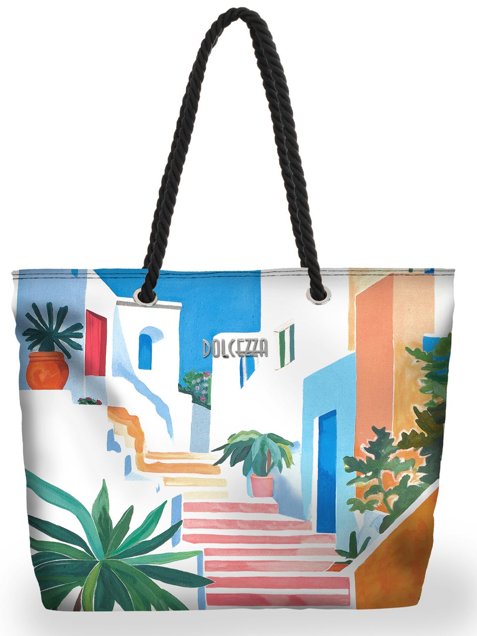 DC26954  Pots on the Stairs Print Canvas Rope Handle Tote