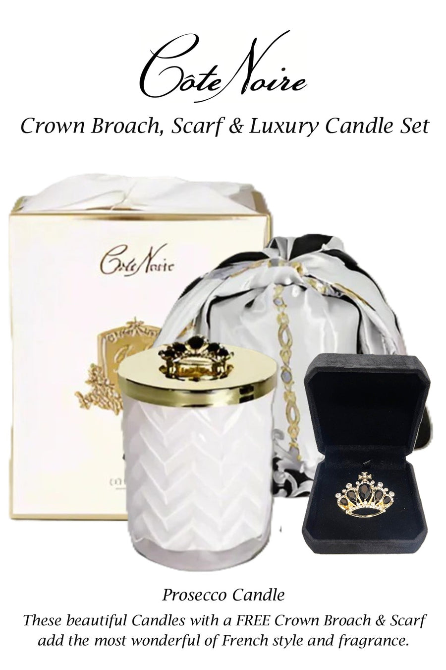 HCG32 Cote Noire Crown Brooch Prosecco Candle & Scarf Gift Set