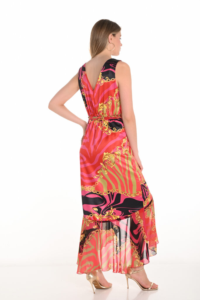 251218 Pink/Gold  Maxi Wrap Dress With Belt