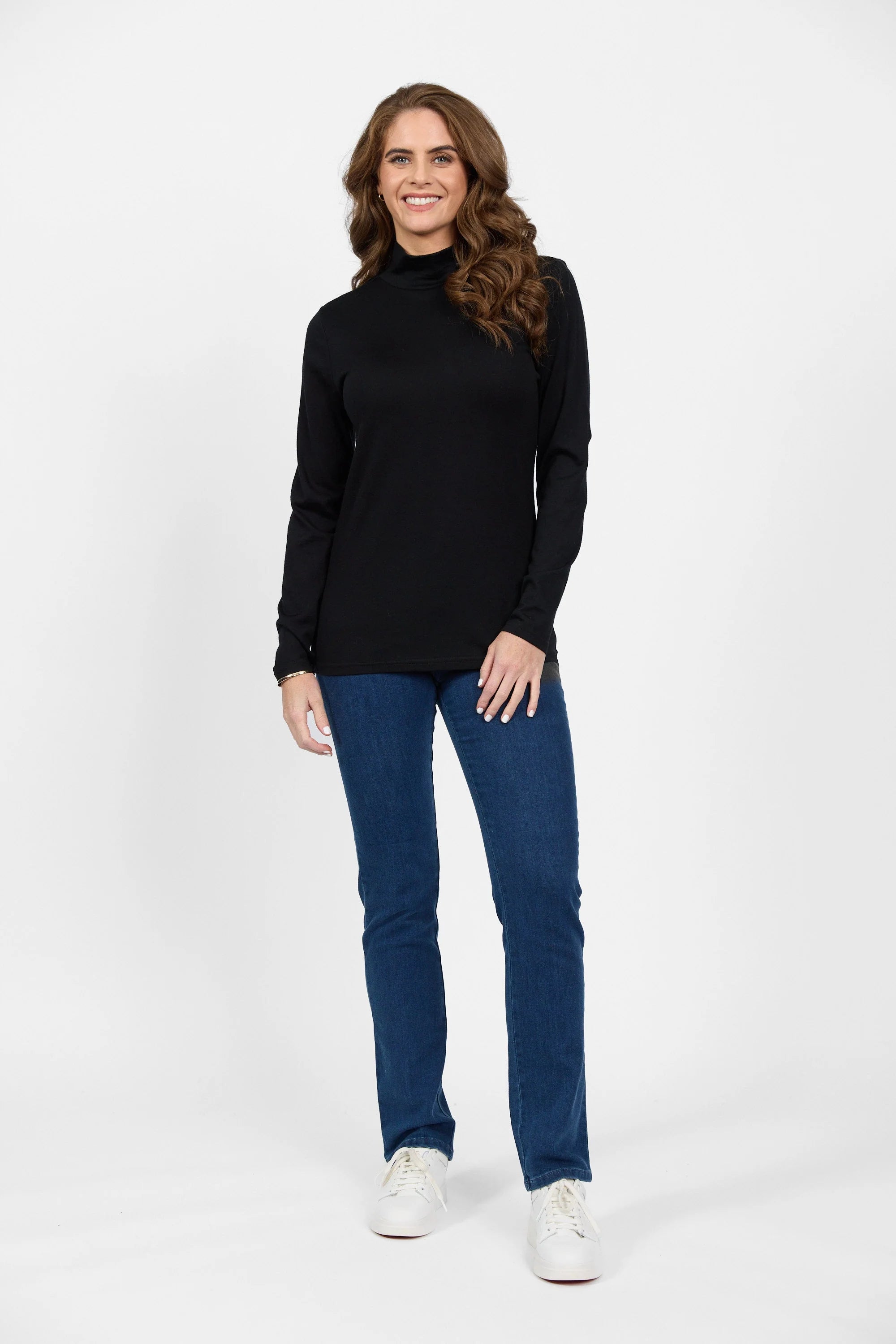 4287 BLACK  - Silky Superfine Easy Fit Merino Polo Neck