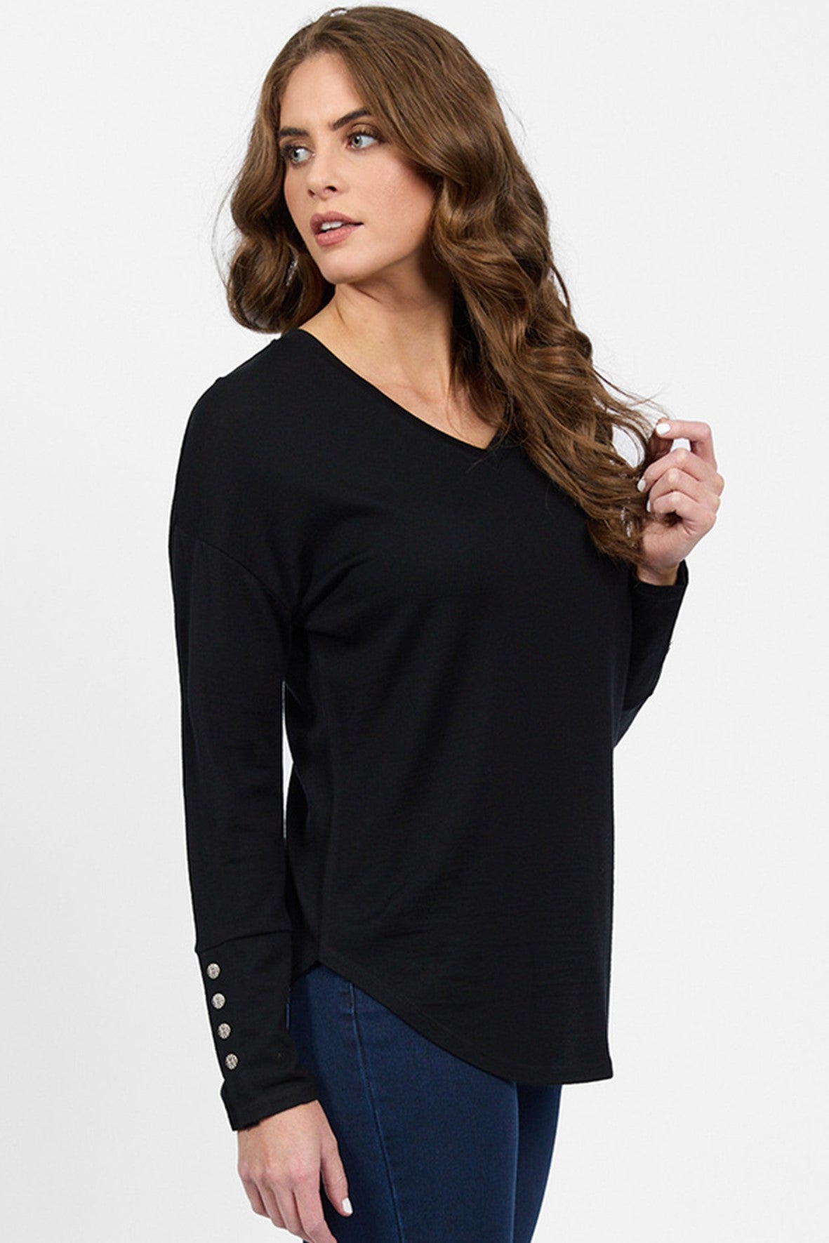 4465 BLACK  Silky Superfine Merino Button Cuff V Neck Top