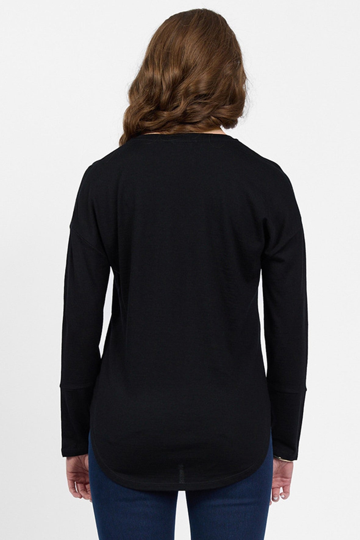 4465 BLACK  Silky Superfine Merino Button Cuff V Neck Top