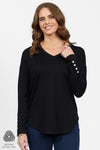 4465 BLACK  Silky Superfine Merino Button Cuff V Neck Top