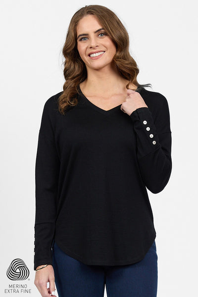 4465 BLACK  Silky Superfine Merino Button Cuff V Neck Top