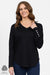 4465 BLACK  Silky Superfine Merino Button Cuff V Neck Top