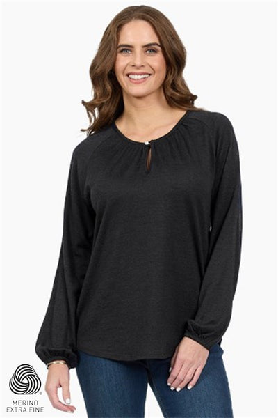 4466 BLACK Silky Superfine Merino Keyhole Top