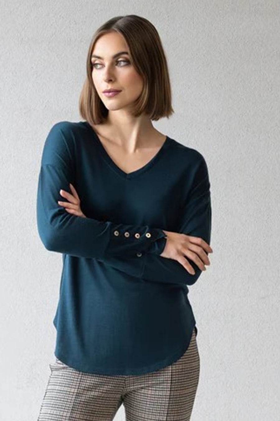 4465 TUI BLUE Silky Superfine Merino Button Cuff V Neck Top