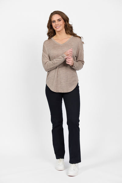 4465 COFFEE CREAM Silky Superfine Merino Button Cuff V Neck Top