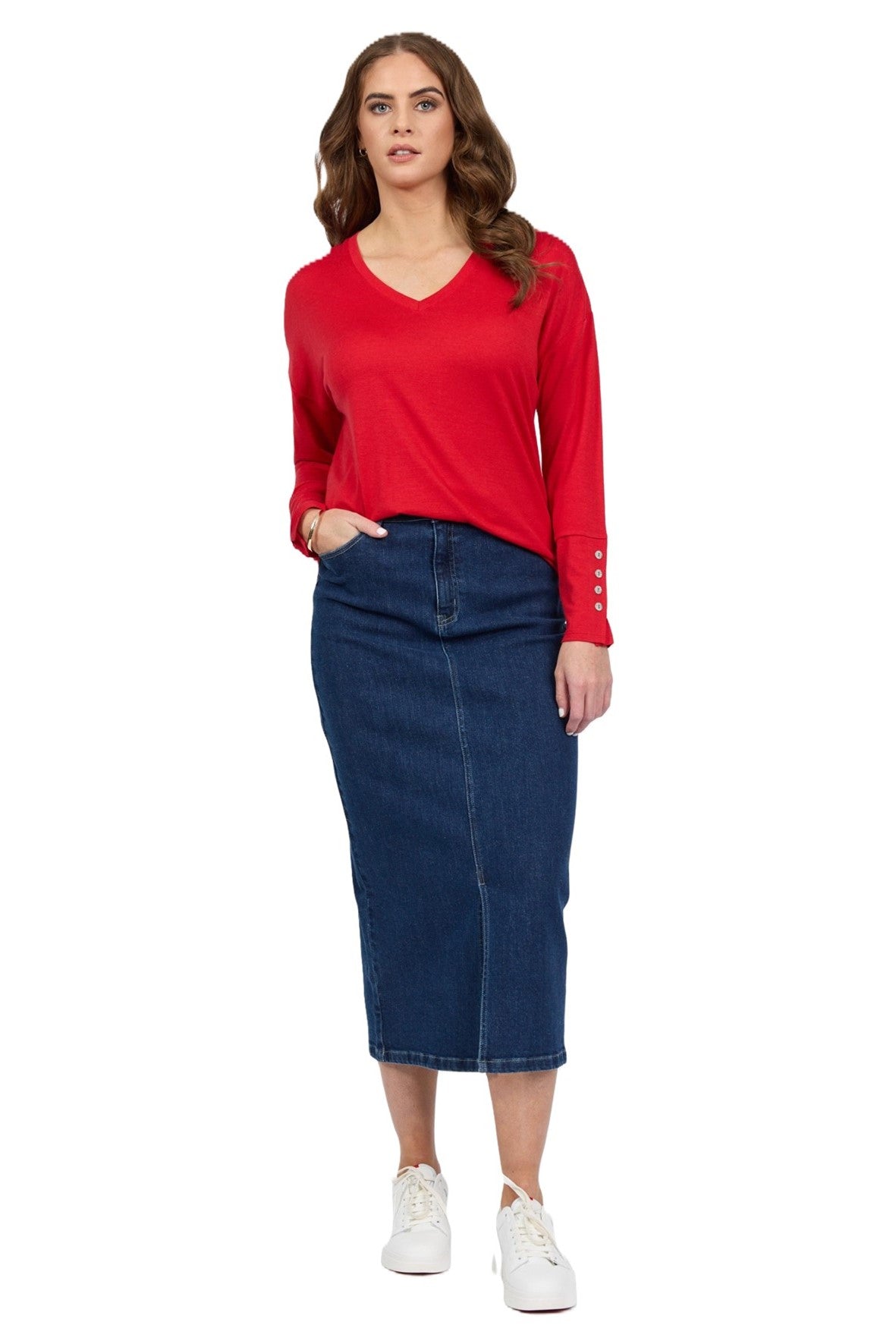 4465 RICH RED  Silky Superfine Merino Button Cuff V Neck Top