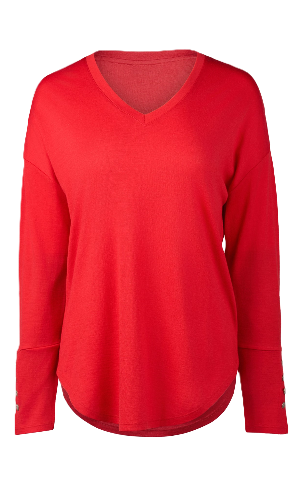 4465 RICH RED  Silky Superfine Merino Button Cuff V Neck Top