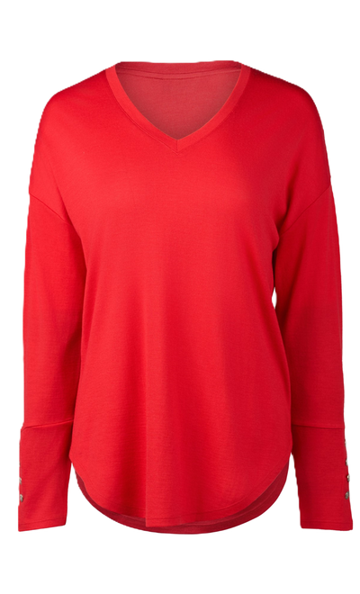 4465 RICH RED  Silky Superfine Merino Button Cuff V Neck Top