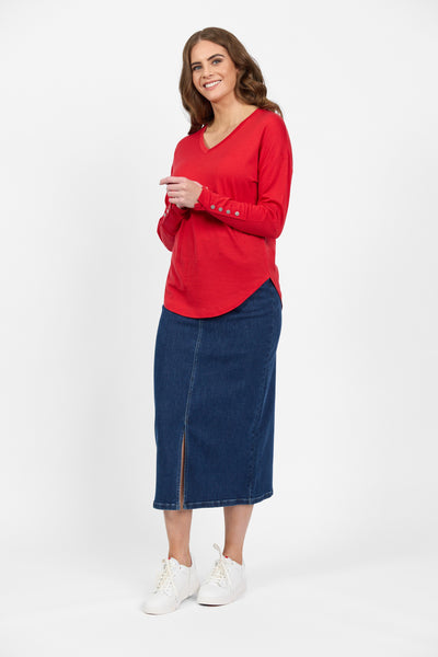 4465 Silky Superfine Merino Button Cuff V Neck Top