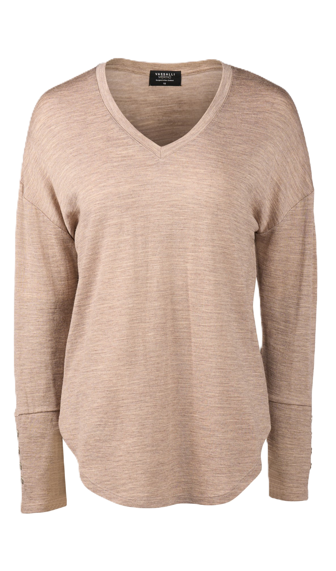 4465 COFFEE CREAM Silky Superfine Merino Button Cuff V Neck Top