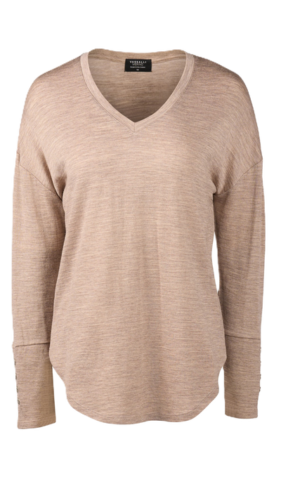 4465 COFFEE CREAM Silky Superfine Merino Button Cuff V Neck Top
