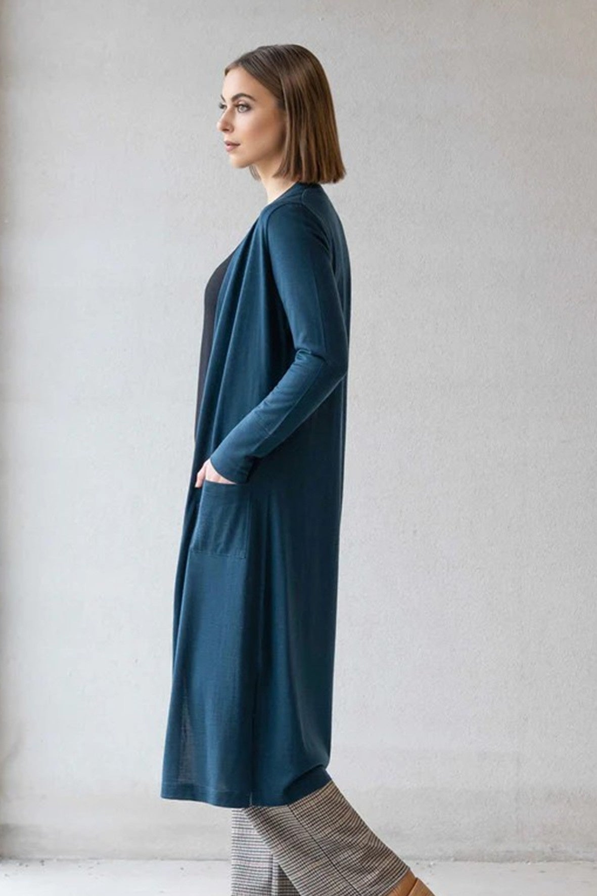 V4494 TUI BLUE MERINO Pocketed Duster Cardigan