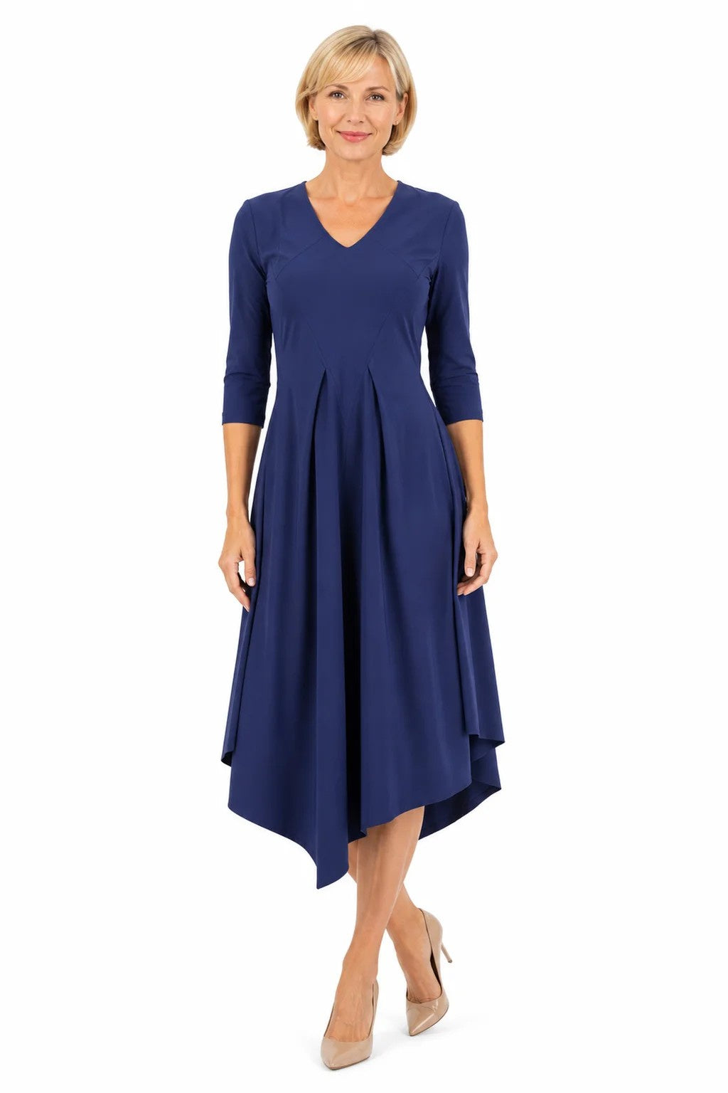 DC26143 Pacific Blue Eurojersey V-Neck 3/4 Sleeve Full Skirt Dress