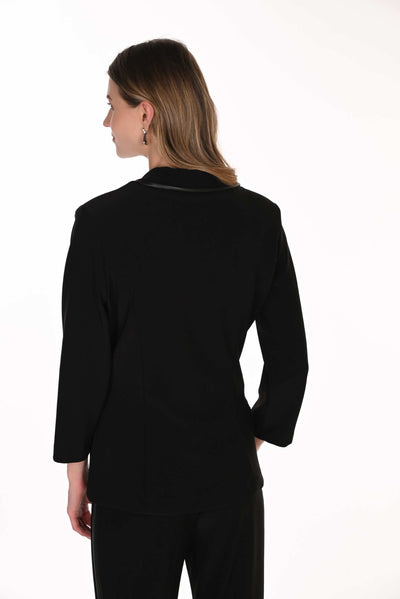 FL263012 Leatherette Trim Tuxedo Lapel Shaped 7/8 Sleeve Blazer