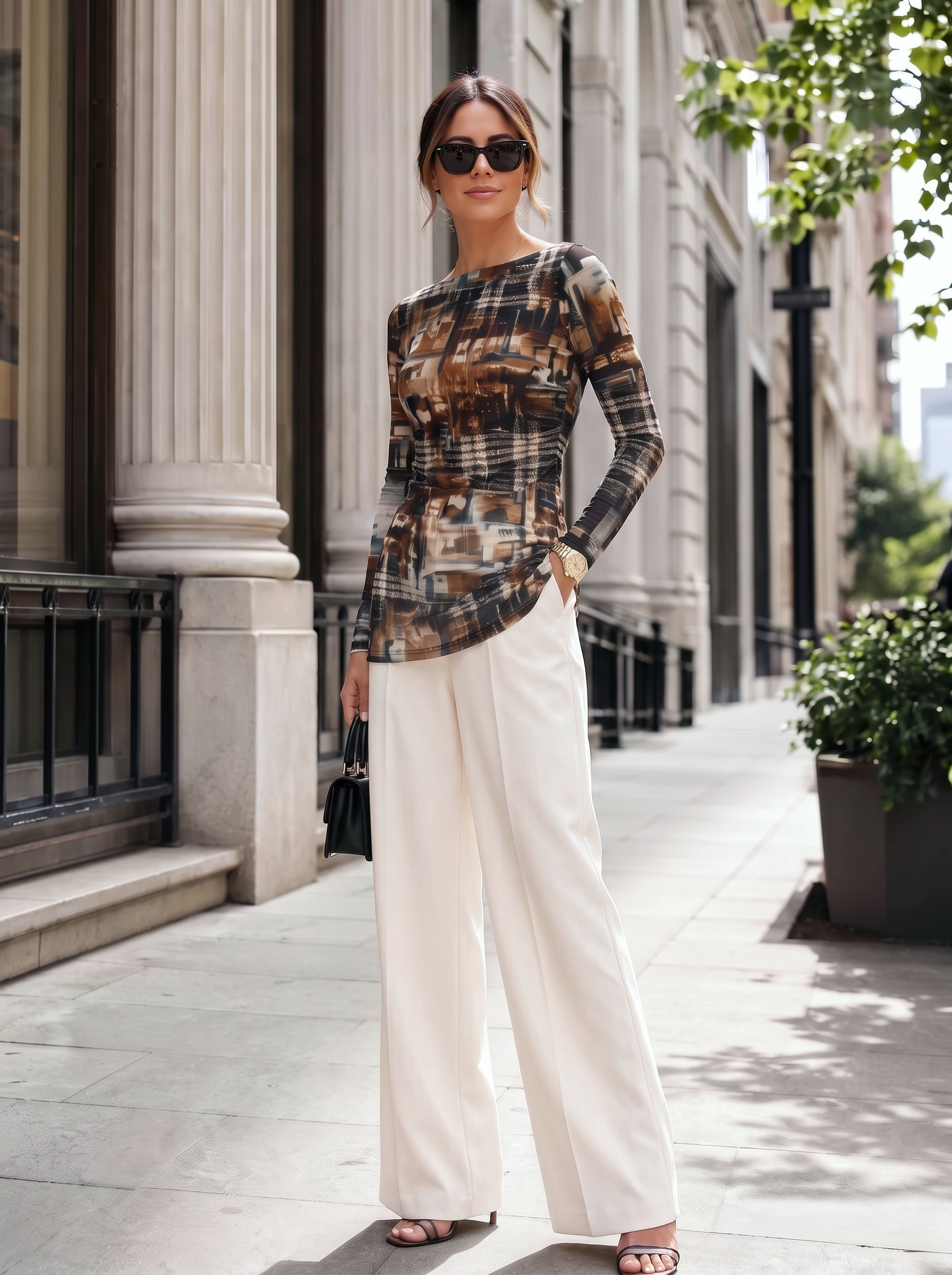 FL263385 Textural Print Euro Knit Boat Neck Top