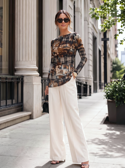 FL263385 Textural Print Euro Knit Boat Neck Top