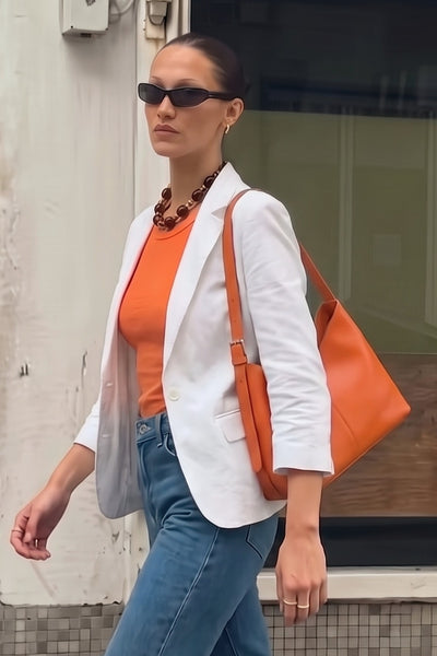 KN6054 WHITE Stretch Denim Rouched Sleeve Blazer
