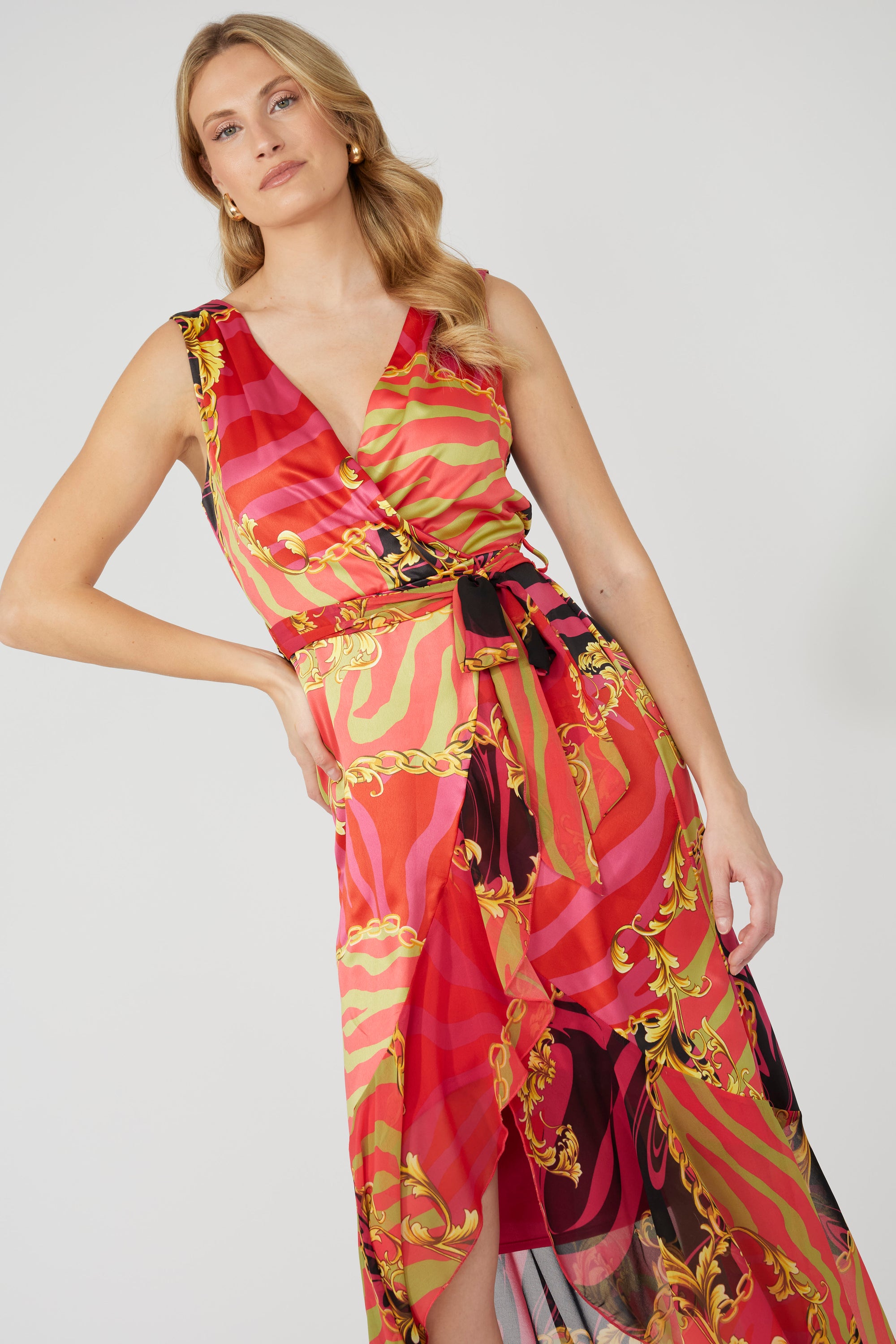 251218 Pink/Gold  Maxi Wrap Dress With Belt