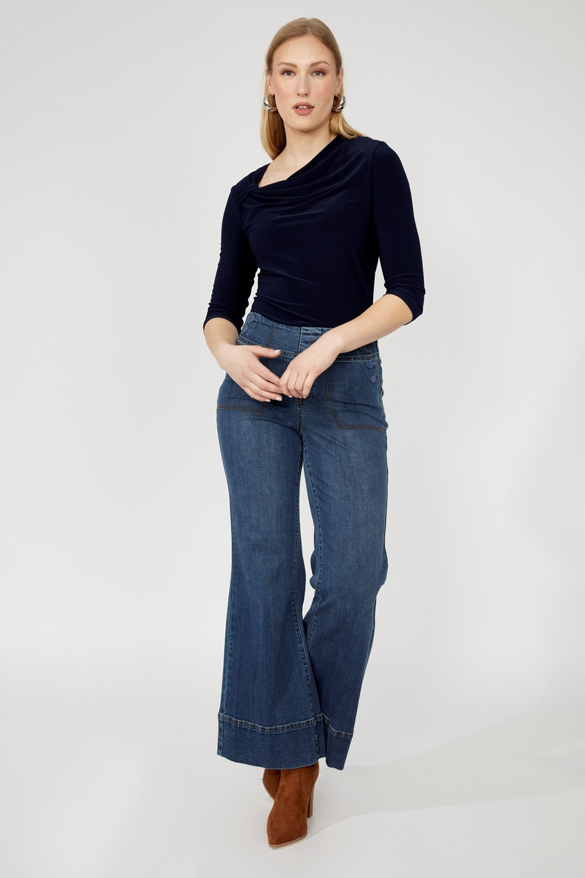 253046 Asymmetric Cowl, 3/4 Sleeve Euro Knit Top