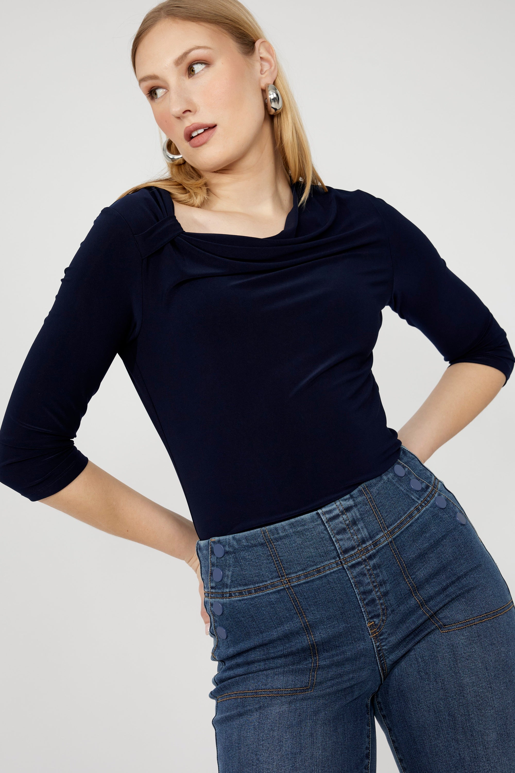 253046 Asymmetric Cowl, 3/4 Sleeve Euro Knit Top