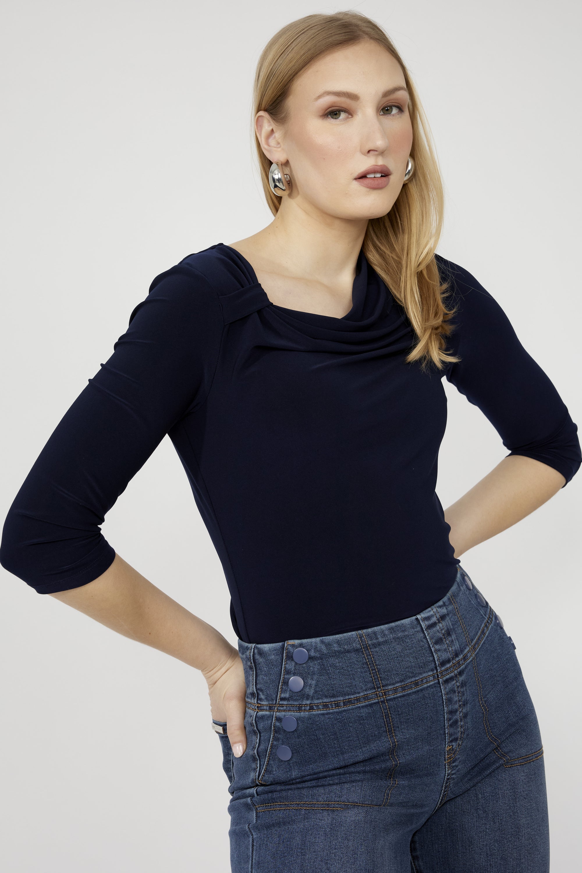 253046 Asymmetric Cowl, 3/4 Sleeve Euro Knit Top