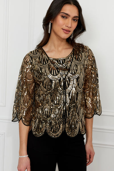 259729 Art Deco Golden Sequin Sheer Jacket