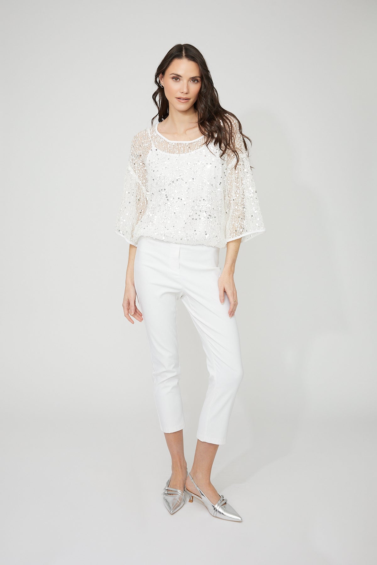 FL261116  Sheer Shell Shimmer Top With White Cami
