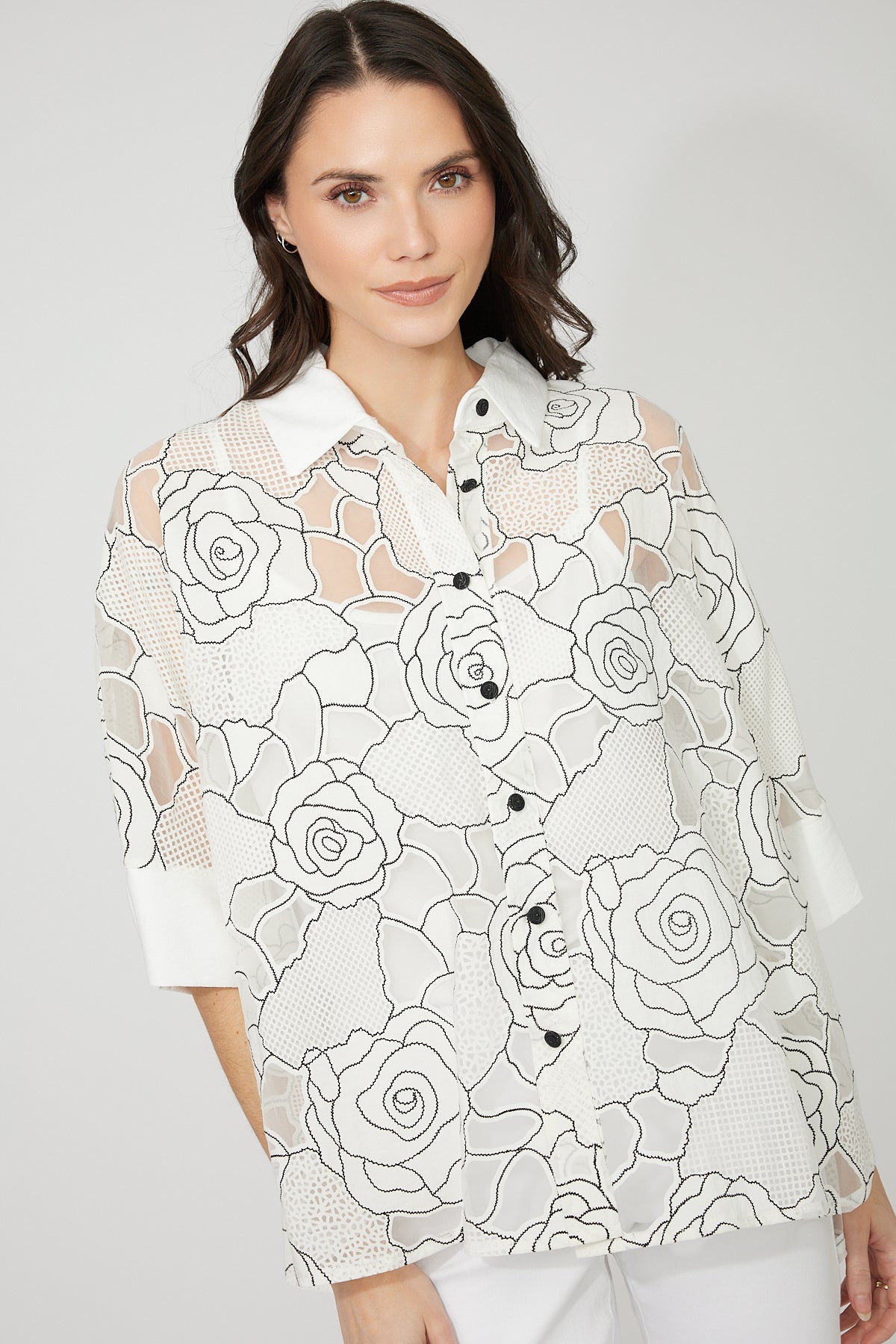FL261194 Rayon Burnout Breezy Button Front Overshirt