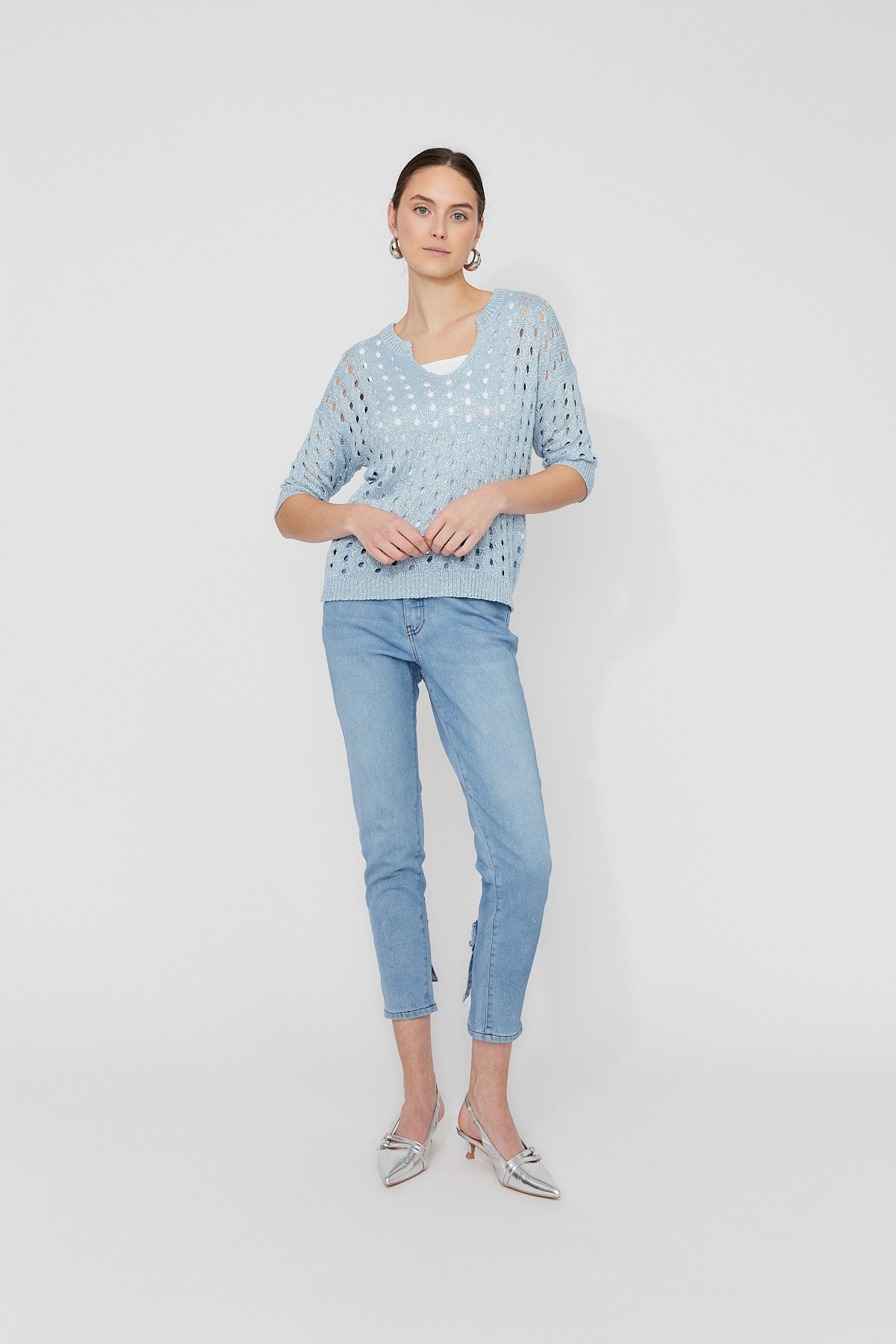 FL261611 Fine Crochet V Neck Sweater