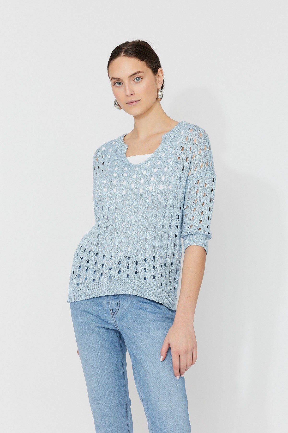 FL261611 Fine Crochet V Neck Sweater