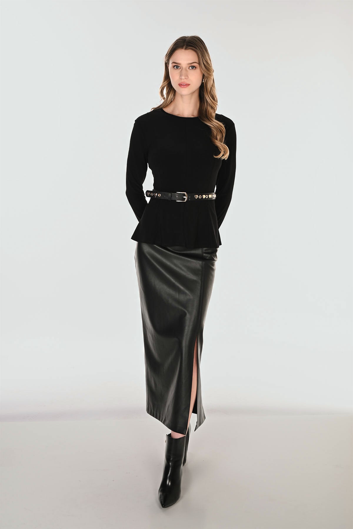 FL263268 Leatherette Split Panel Pencil Skirt