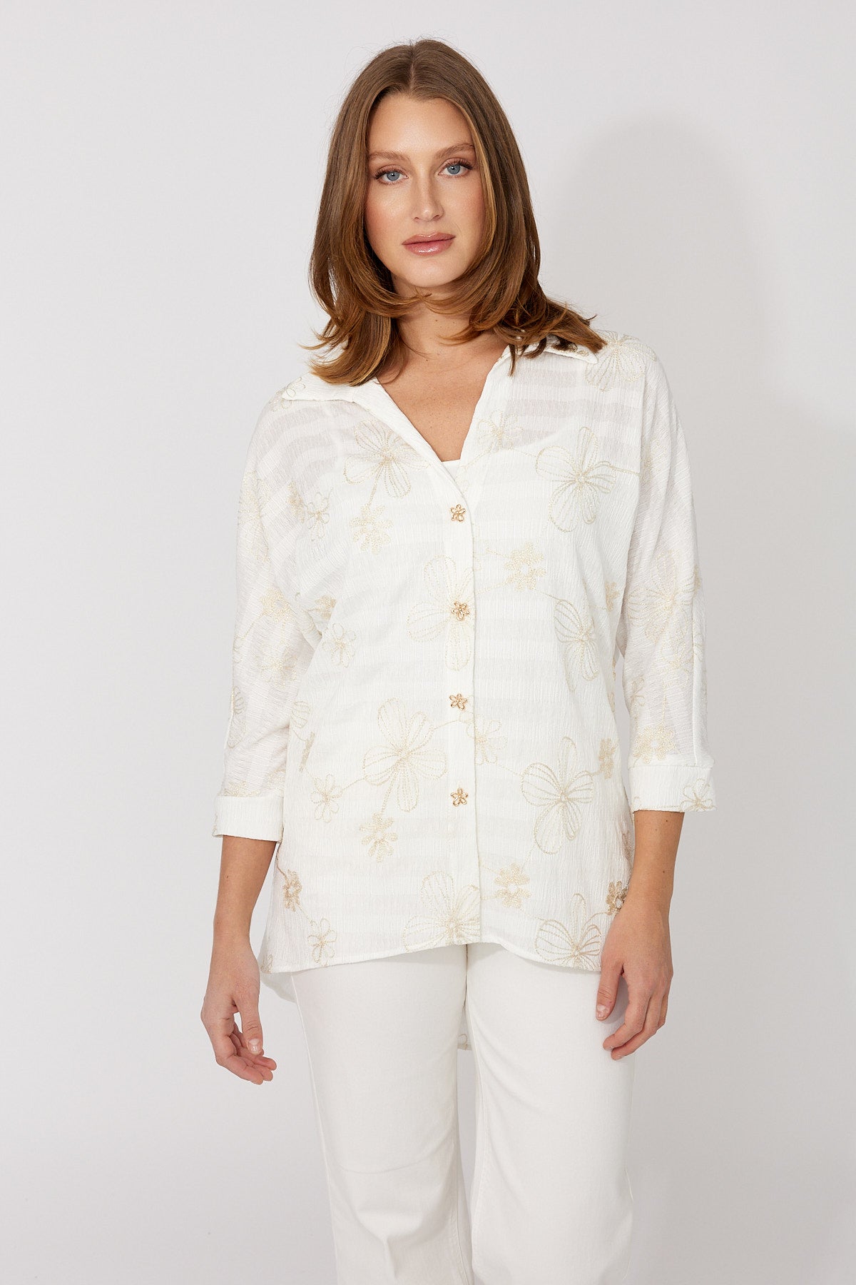 266315 Floral Button Printed Seersucker Stripe Sheer Shirt